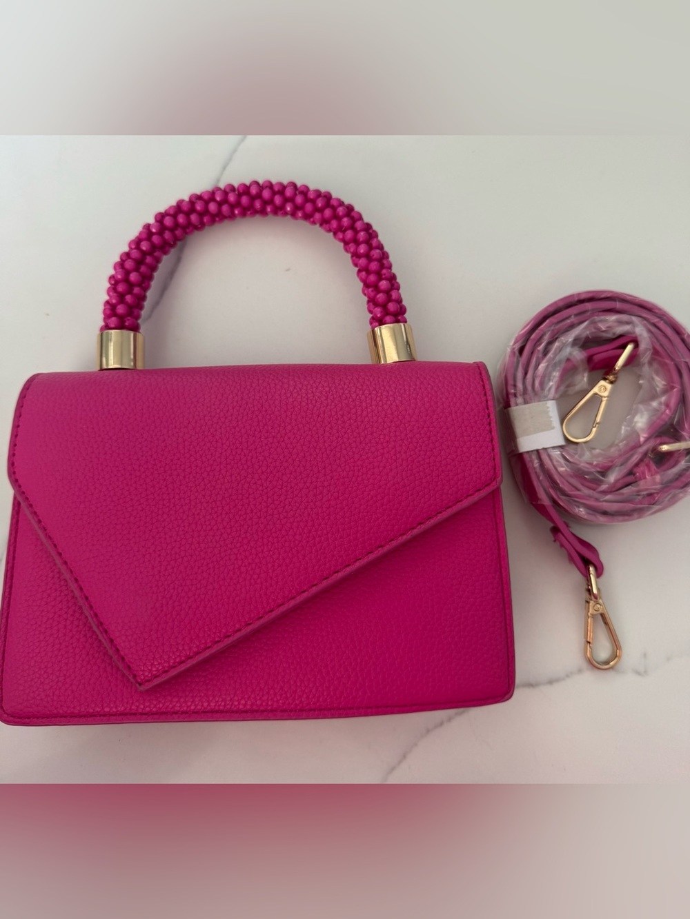 Structured Hot Pink Top-Handle Crossbody Bag with Beaded Handle - Picture 3 of 8